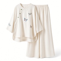 Pyjama en coton et lin pour femmes, style chinois, motif papillon Ruyi, manches trois quarts, pantalon long, vêtements de maison pour femmes