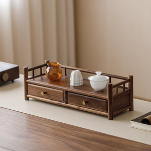 Guanlan <b>Walnut</b> Wood Display <b>Shelf</b> Single Layer Double Drawer Tea Storage Rack Classical Chinese Style - Product Image 1