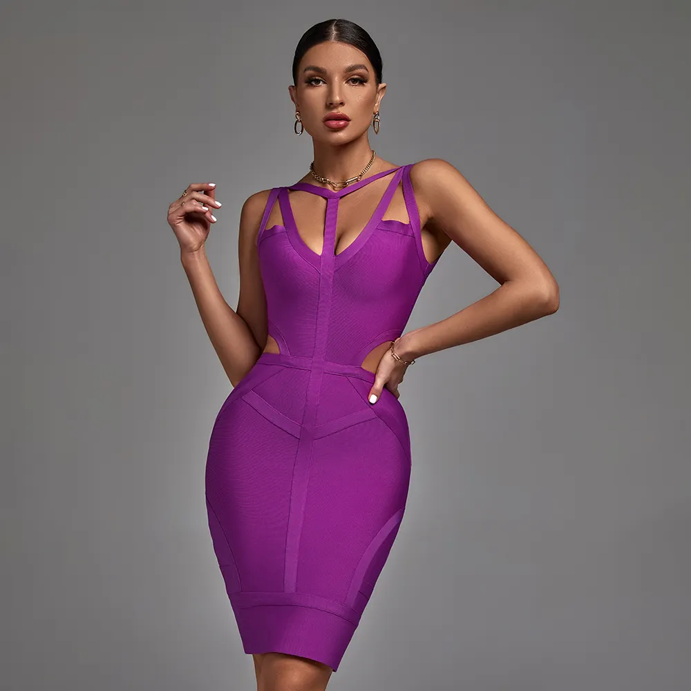 Summer Fashion Solid Color Hollow Out Bandage Dress Sleeveless Backless Bodycon Knee-length Women Casual Dresses
