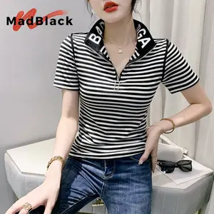 MadBlack欧洲服装夏季t恤女性性感翻领修身棉条纹上衣短袖弹力t恤T35655C