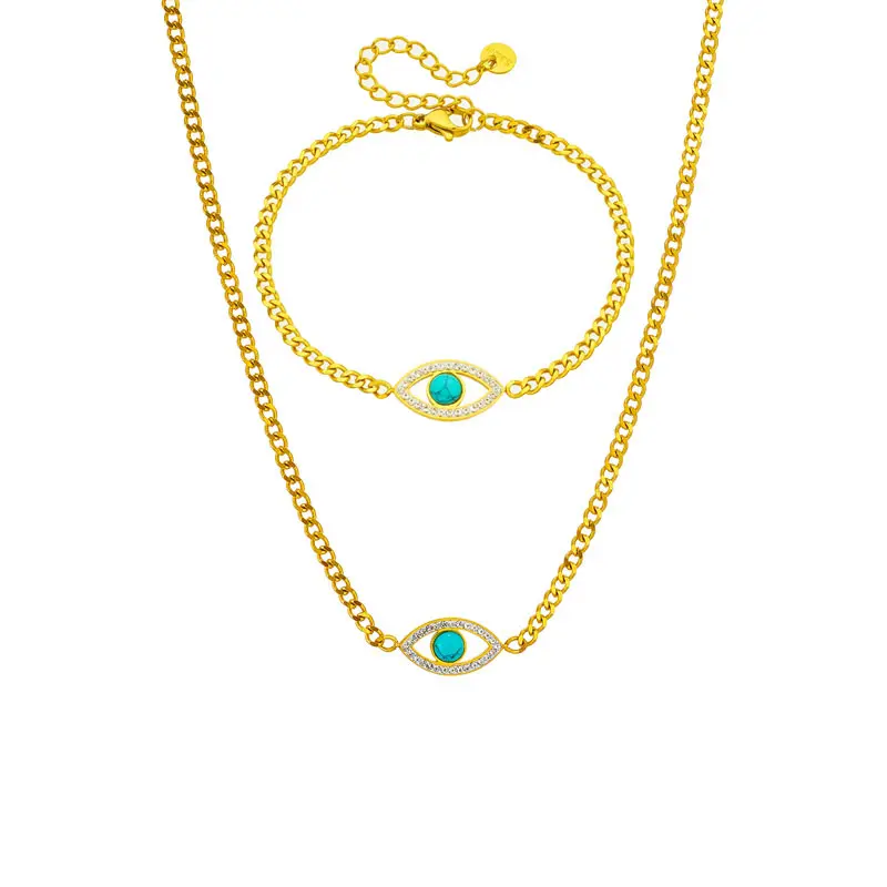 Vente en gros Ensemble collier et bracelet étanche en acier inoxydable plaqué or 18 ct creux en turquoise œil de diable bijoux tendance pour femmes