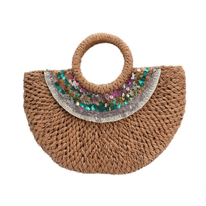 Grand sac à main semi-circulaire décoré de paillettes 43x30cm, sac en papier tissé, sac à bandoulière pour femme - Product Image 1