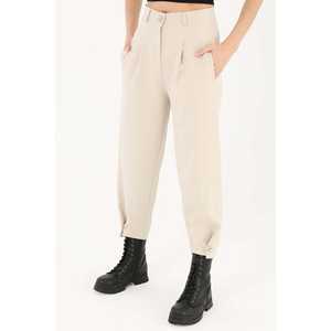 Pantalon droit beige taille haute pour femme avec plis avant et fermeture boutonnée, anti-plis - Product Image 2
