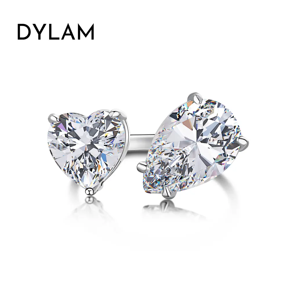 Dylam Newest 8A 2 Stone 925 Sterling Silver Diamond Ring Heart Shape Pear Cut CZ Diamond Wedding Engagement Double Stone Ring