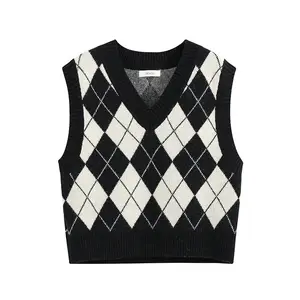 Argyle Sweater Vest Women Plaid Knitted Streetwear Preppy Style V Neck Sleeveless Crop Knitwear School Tank Top for Girl Women
