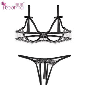 Ensemble sexy trois pièces pour femme, fin, à motifs unis, avec culotte ouverte, soutien-gorge à armatures, lingerie sexy élégante, fabriqué en Chine - Product Image 2