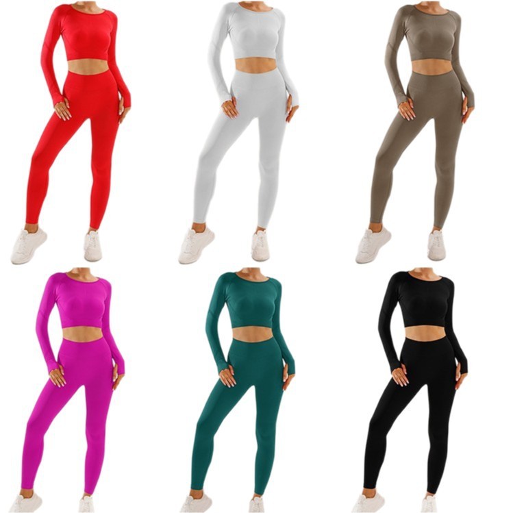 Yoga Set New Solid Color Slim Fit Yoga Suits Women's Seamless High Elastic Pleated Long Sleeve Pants Two-Piece Set