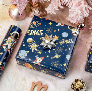 Papier d'emballage pour garçon, bleu foncé, double face, motif astronaute et vaisseau spatial, papier d'emballage laser pour anniversaire d'enfant, usage quotidien - Product Image 2