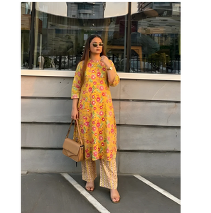 Conjunto de Kurta y Pantalón Étnico Elegante para Mujer, Color Amarillo Sol, de Secado Rápido, Sin Arrugas, para Todas las Temporadas, Ideal para Fiestas y Eventos Diarios - Product Image 2