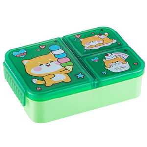 Lonchera de Gato de Dibujos Animados Verde con 3 Compartimentos, Bento Box Resistente para Niños, Uso Escolar - Product Image 1