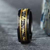 Bague en tungstène martelé 8 mm pour homme, avec bande en météorite et feuille d'or, bagues de mariage, bijoux pour homme - Vente en gros Gentdes Jewelry