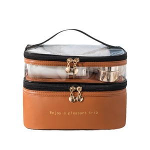 Double Layer Cosmetic Bag Solid Color PU Transparent Toiletry Bag Large Capacity Waterproof Travel <b>Makeup</b> Storage <b>Case</b> - Product Image 5