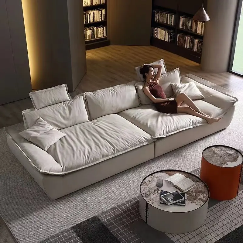 Super großes Sofa Super tief sitzendes breites Wohnzimmer mit hoher Rückenlehne Italienisches minimalist isches cremefarbenes Luxus-Silikon-Leders ofa