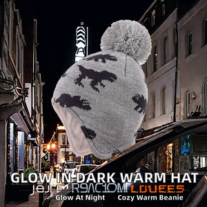 Children's Winter Beanies Gray Dinosaur Print Earflap <b>Hat</b> With Pom-Pom Unisex Winter Beanie Cute Jacquard Knit Outdoor Warm <b>Hat</b> - Product Image 2