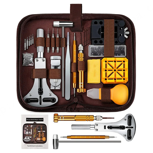 HUANLONG 149 Pcs Professional Stainless Steel Watch Battery Tools PU Leather Carrying Bag Repair Tool Kit Watchmaker Link Pin