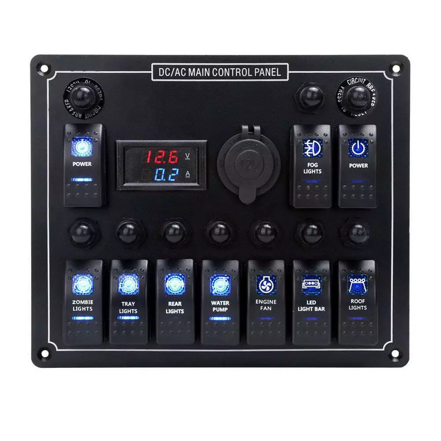10 Gang Marine Rocker Switch Panel with Voltmeter Ammeter Fuse Circuit Breaker, 12V 24V Car Boat Truck RV Control Panel Switch
