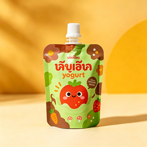 ถุงบรรจุภัณฑ์ของเหลวแบบมีพวยกา ผลิตตามสั่ง สำหรับขนมเด็ก  ทำจากอลูมิเนียมฟอยล์เกรดอาหาร พิมพ์ลายได้ตามต้องการ ขนาด 50 มล. 100 มล. 250 มล. พร้อมพวยกา - Product Image 1