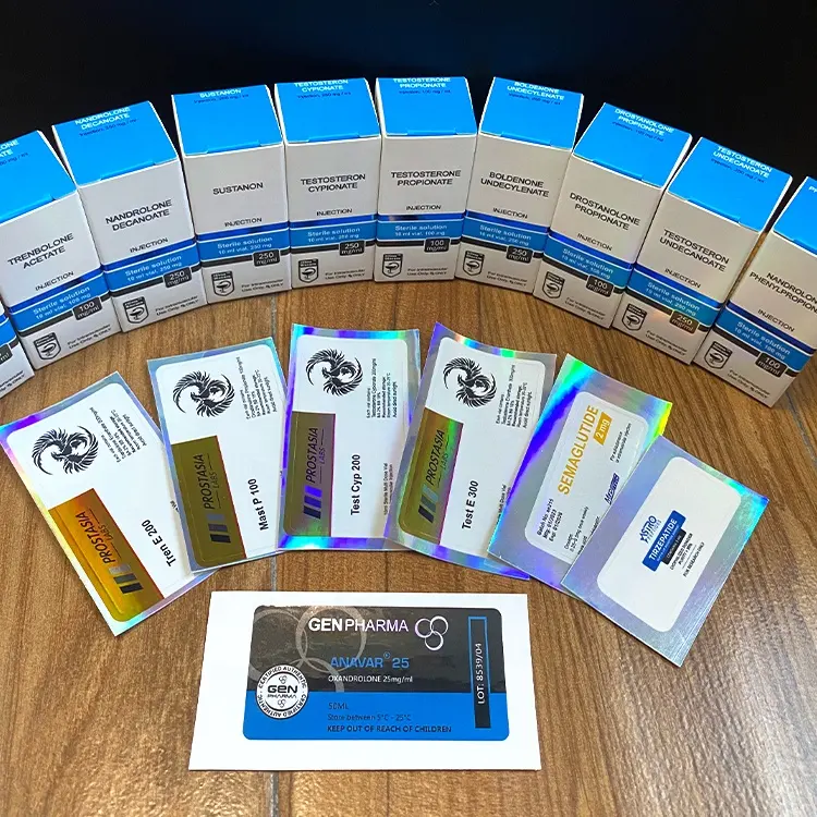 Zwart En Blauw Ontwerp Afdrukken Custom Farmaceutica Verpakking 50Ml Fles Sticker 25 Mg/ml Steroide Product Pharma Label