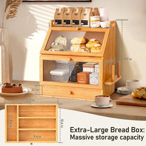 Smart Enjoyment Bamboo Bread <b>Storage</b> <b>Box</b> With Glass Door Kitchen Multi Layer Snack Rack Desktop Organizer - Product Image 3