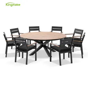Vintage design round shape 8 seater aluminum and teak wood dining table and chair set outdoor patio furniture with low MOQ