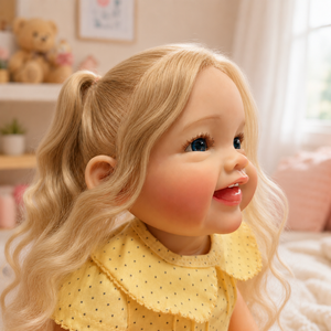 BAkwbwBY Muñeca <span class=keywords><strong>Reborn</strong></span> de Silicona Completa de 22 Pulgadas, Niña con Cabello Largo y Rizado, Mono Amarillo con Volantes, Muñeca Realista para Terapia y Colección de Muñecas - Product Image 2