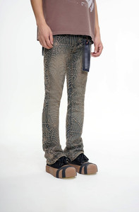 Jeans de Hombre de <span class=keywords><strong>Moda</strong></span> Urbana, Estilo Y2K Vintage, Lavado Bronceado, Decoración con Patrón de Telaraña, Corte Acampanado, Personalizados y de Alta Calidad - Product Image 5