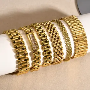 Yicai Echt Vergulde Brede Horlogeband Cz Chunky Armbanden Voor Vrouwen Man Roestvrij Staal Horlogeband Pols Armbanden