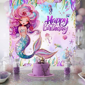 Alat peraga foto latar belakang putri duyung ungu 120*120 cm latar belakang pesta ulang tahun anak perempuan dekorasi pesta ulang tahun Pancuran bayi - Product Image 2