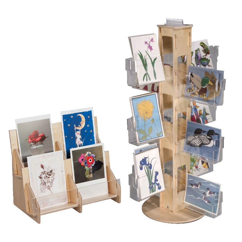 Apache Modern Light Duty Wooden Greeting Card Display Stand Customizable Double-Sided Floorstanding Customized Logos Supermarket