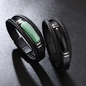 New Arrival Green Aventurine Stainless Steel Bracelet With Magnet Buckle Handmade Braided Leather Bracelet Bangle For Men