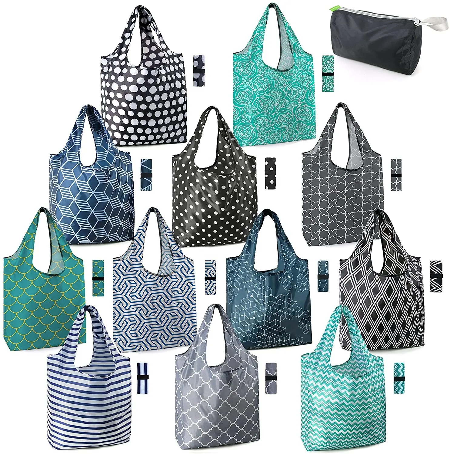 Umwelt freundliche wieder verwendbare Einkaufstaschen Große 50 Pfund Ripstop Geometric Fashion Recycling Wasch bare Nylon tasche mit Beutel