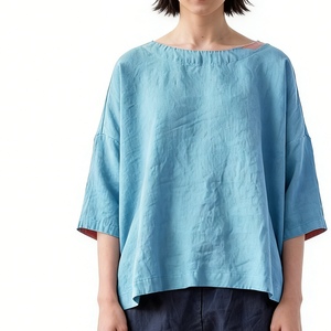 Blusa de Algodón para Mujer, Corte Holgado, Cuello Barco, Manga Murciélago 3/4, Camisa Casual con Textura Crepé, Top de Verano para Uso Diario y Vacaciones - Product Image 2