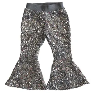 Wholesale Yiwu Kids Garments Factory High Quality Baby Girls Silver Color Sequin Flared Trousers Soft Cotton Lining Bell Pants