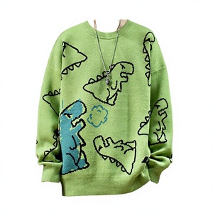 Pull en tricot pour homme à motif de dessin animé, manches longues, bleu clair, orange, imprimé dinosaure, style décontracté d'hiver - Product Image 1