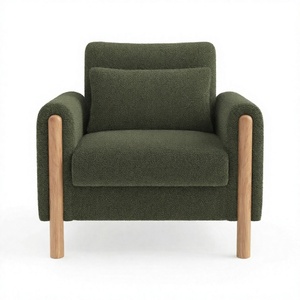 Fauteuil moderne en bouclette verte, siège individuel, dossier rembourré, pieds en bois, style scandinave, chaise de salon - Product Image 3