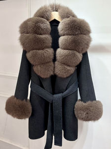معطف صوف شتوي جديد رخيص الثمن للنساء، مزيج من الكشمير والصوف مع ياقة وأساور من فرو الثعلب الطبيعي قابلة للإزالة، تصميم فضفاض برباط، معطف صوفي مزدوج الوجه - Product Image 5