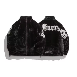 Men's Black <b>Fleece</b> <b>Jacket</b> Streetwear Embroidered Letter Logo Stand Collar Zipper Closure Winter <b>Thick</b> Loose Fit - Product Image 4