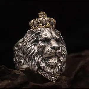 Retro Crown Lion King Cincin Paduan Timah Berlapis Perak Perhiasan Tangan Pria 7-14 Ukuran Bisa Sedikit Disesuaikan Hewan Perhiasan