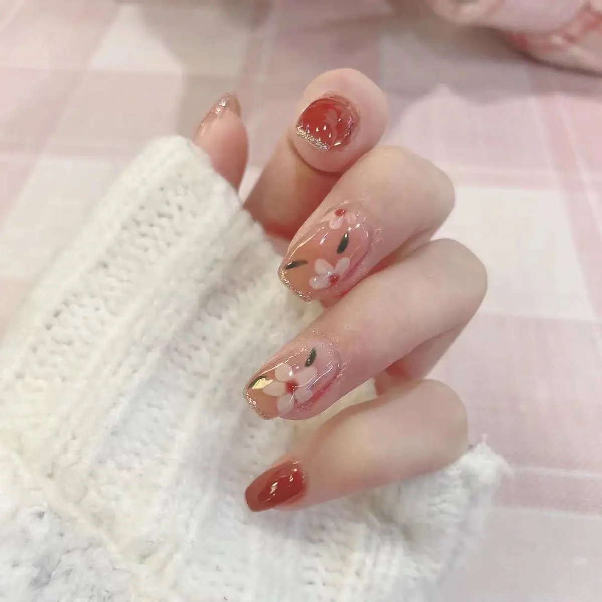 Sanlong Flowers Pink Cherry Blossom paillettes Press on Nails unghie finte corte Cover Full Cute Decorations unghie finte