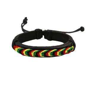 2404 Red yellow green and black four-color woven adjustable Jamaican reggae leather bracelet