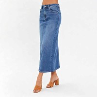 Rok Denim Midi Pensil Kasual Elegan Wanita, Rok Jeans Panjang Berpinggang Tinggi
