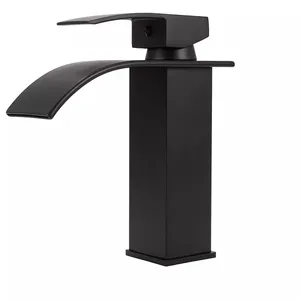 Grifo de lavabo negro para baño, montaje en cubierta, cascada, tocador, grúa, mezclador, agua fría y caliente