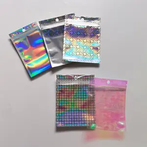 Bolsa de embalaje holográfica transparente para cosméticos, resellable, con cierre de cremallera holográfica, bolsa de maquillaje holográfica