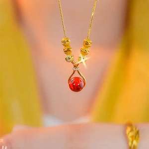 Red Agate Lucky Bag Necklace Water Drop Shape Zinc Alloy Pendant Clavicle Chain Gift For Women Elegant Summer Jewelry - Product Image 1
