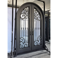 Ventanas de vidrio templado de doble capa, puerta de entrada frontal de hierro forjado arqueada clásica para casas, puerta de Metal moderna para exteriores, 2 unidades