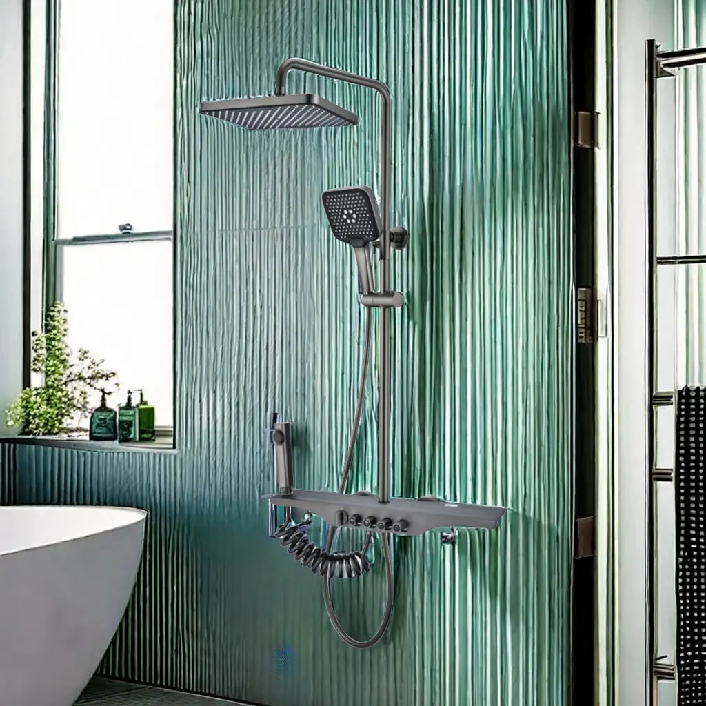 מערכת מקלחת שחורה מודרנית צמודת קיר מודרנית מפלדת אל חלד ופליז בידה מרסס לבתי מלון ולשימוש ביתי