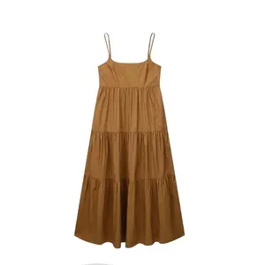 Wholesale 2023 Women's Slim Spaghetti Strap A-Line Dress Poplin Splice Dress