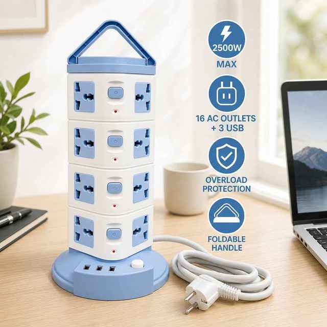 EU Plug 10 Way Brass Universal Socket 4 Tier Power Tower Strip 3 USB Fast Charger 1.8m Cable Overload Protection Workstation