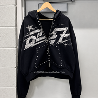 Sudadera con Capucha de Diseño OEM, Cuello Alto, Letras de Tela con Pedrería, 100% Algodón, 460 g/m², Lavado Ácido, Logotipo Negro Impreso en Serigrafía de Calidad