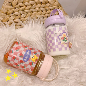 Cute Glass Water Bottle With Filter Checkered Pattern Portable For Travel And Office Use - Product Image 2